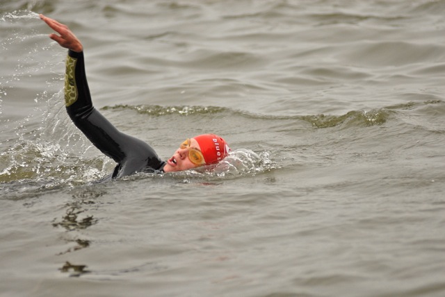 One of the early women out of the water